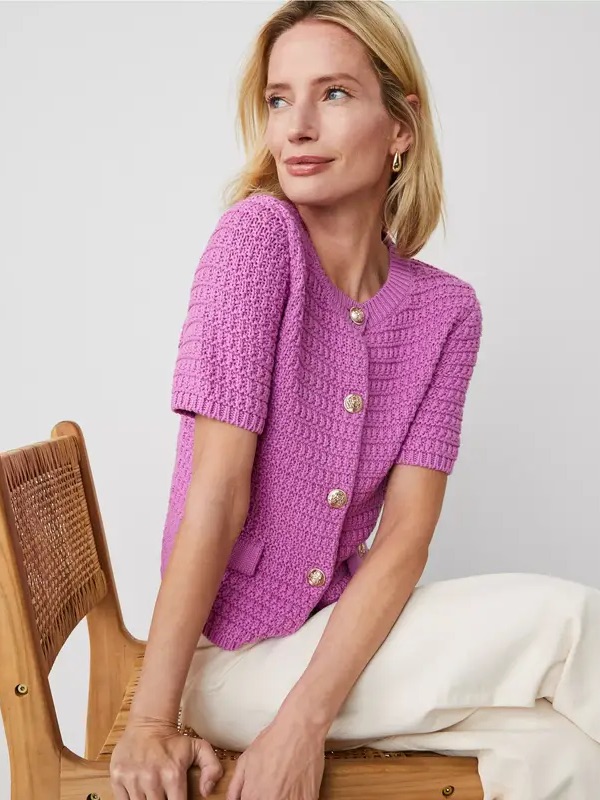 Ann Taylor Short-Sleeve Chunky Geo Stitch Knit Cardigan In Bright Magenta